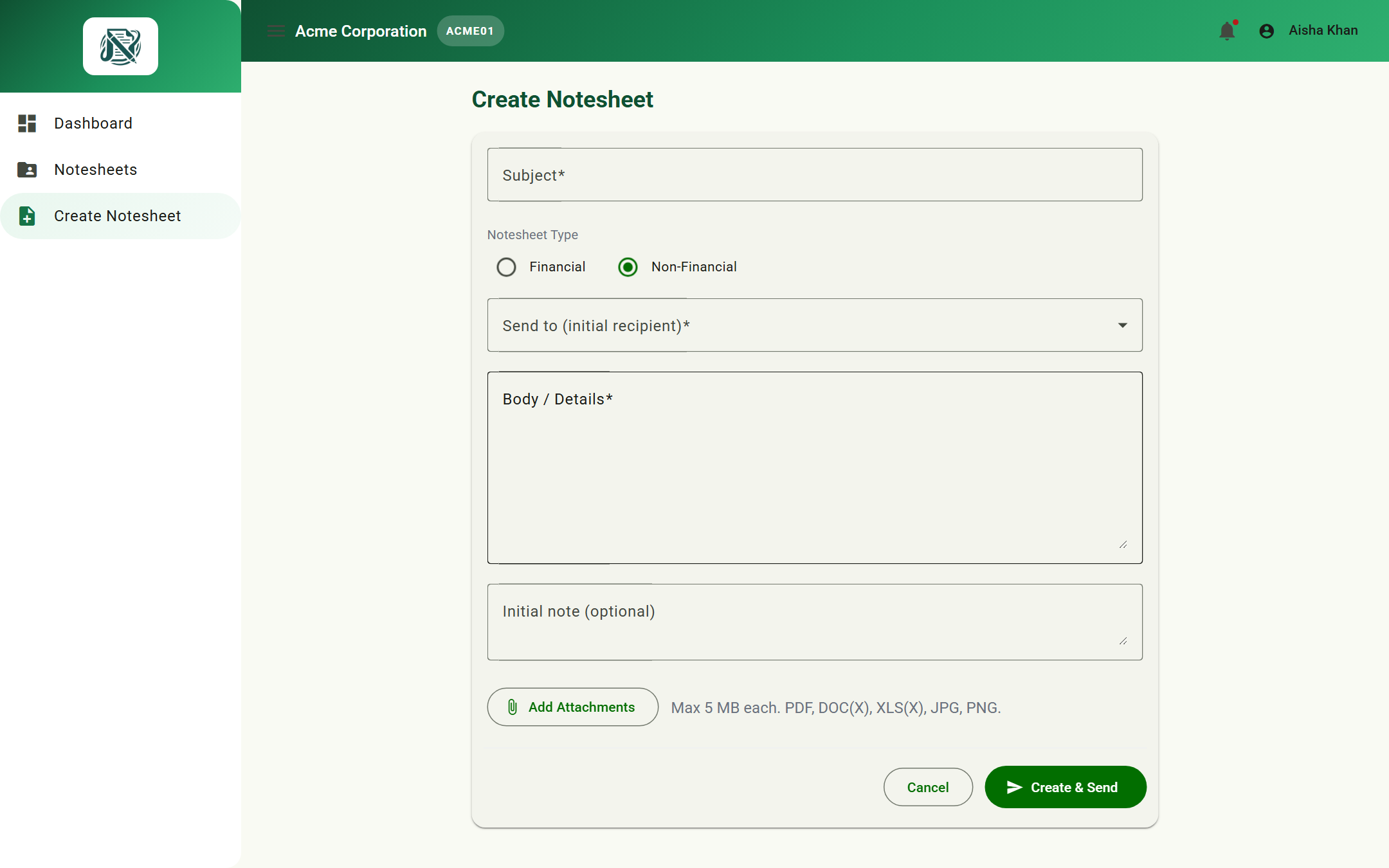 Create Notesheet form with recipient selection