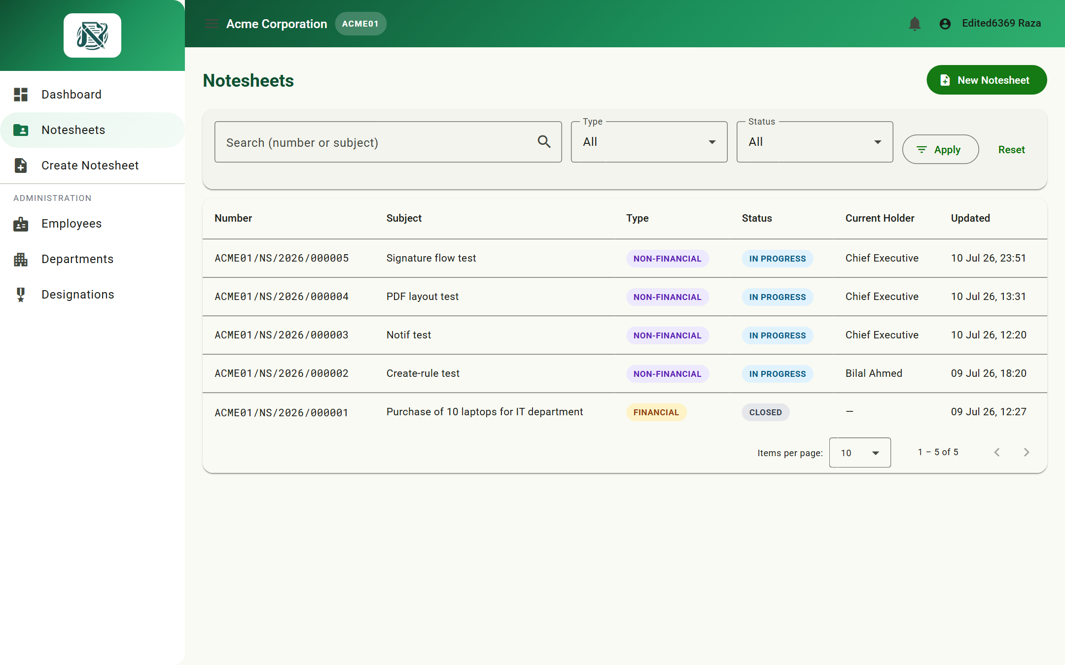 Notesheet list with filters and search